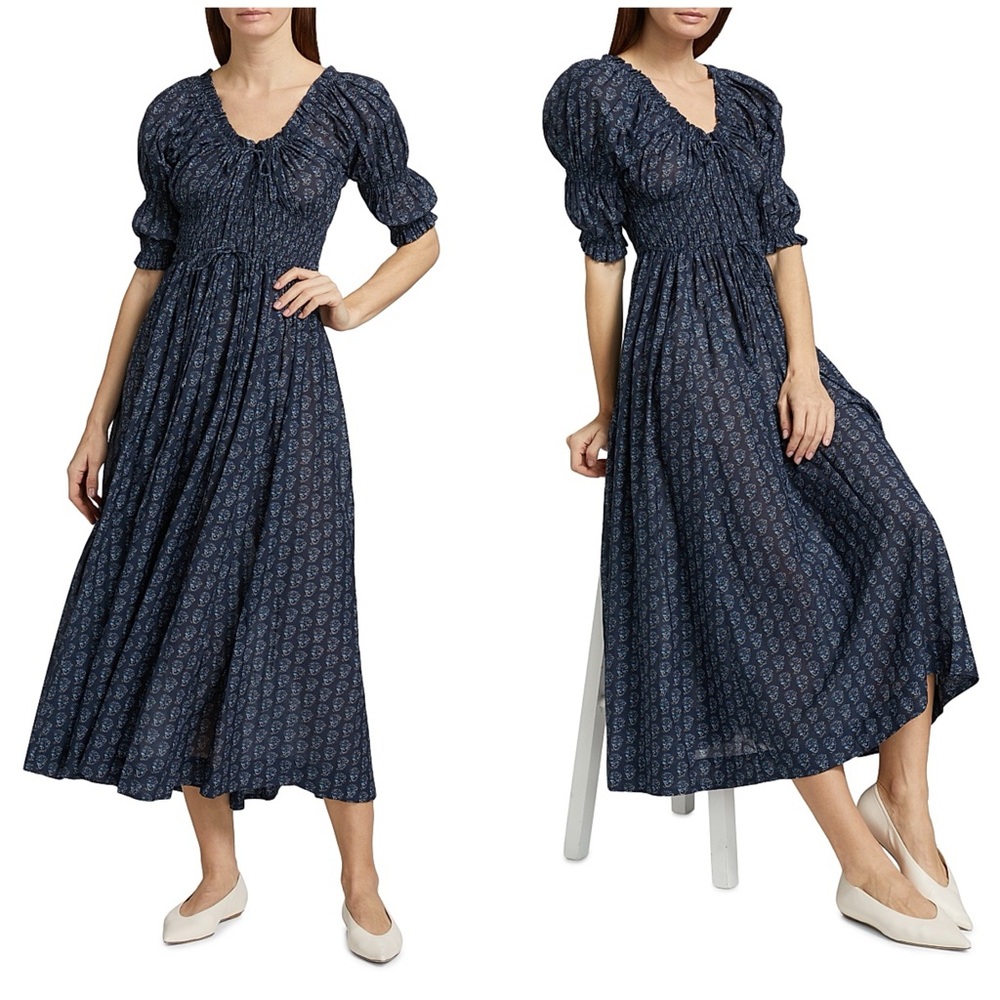Doen Ischia Smocked Midi Dress Navy Paisley Bouquet